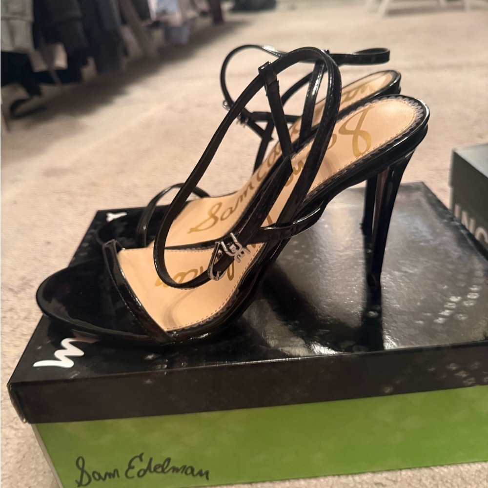 Sam Edelman Black Patent Strappy Ankle-Heel Sandals - Picture 2 of 4